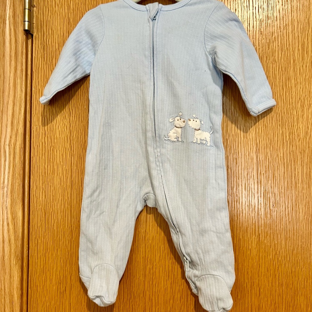 Little Me Pale Blue Footed One-Piece with Puppy Applique